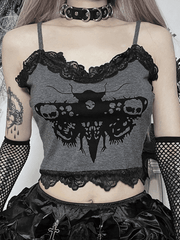 Lace Trim Moth Print Crop Cami Top