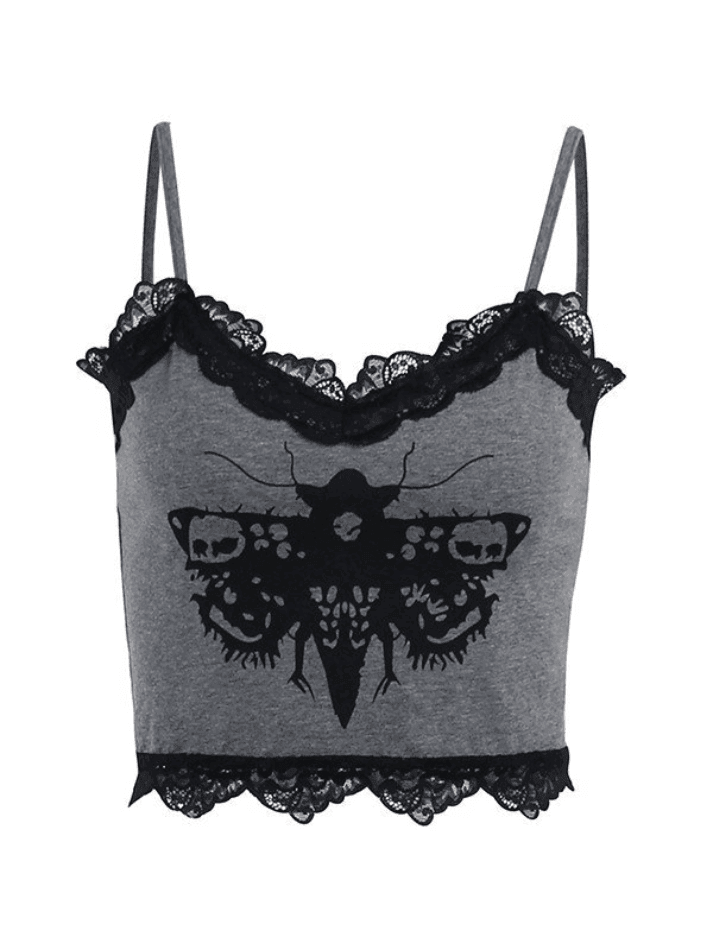 Lace Trim Moth Print Crop Cami Top