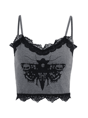 Lace Trim Moth Print Crop Cami Top