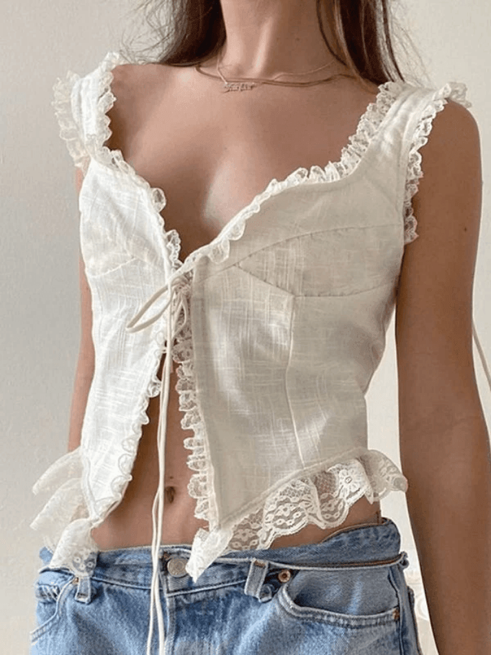 Lace Trim Ruffle Crop Tank Top