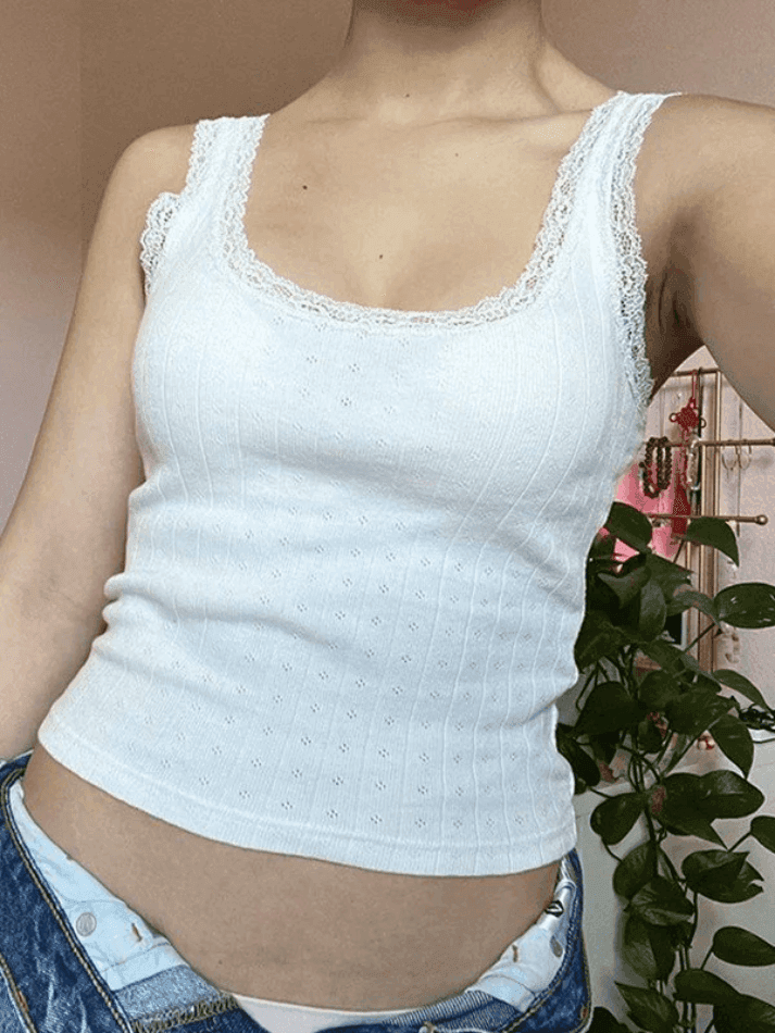 Lace Trim White Cropped Tank Top
