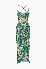 Leaves Print Gathered Cross Tie Back Midi Dress