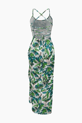 Leaves Print Gathered Cross Tie Back Midi Dress