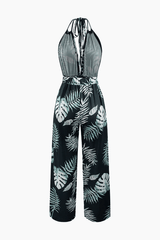 Leaves Print Halter Backless Jumpsuit