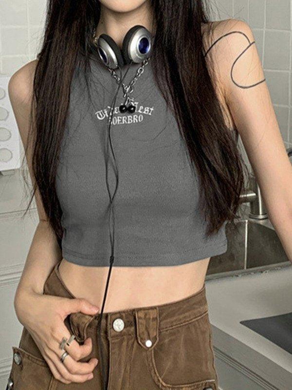 Letter Embroidery Ribbed Cropped Tank Top