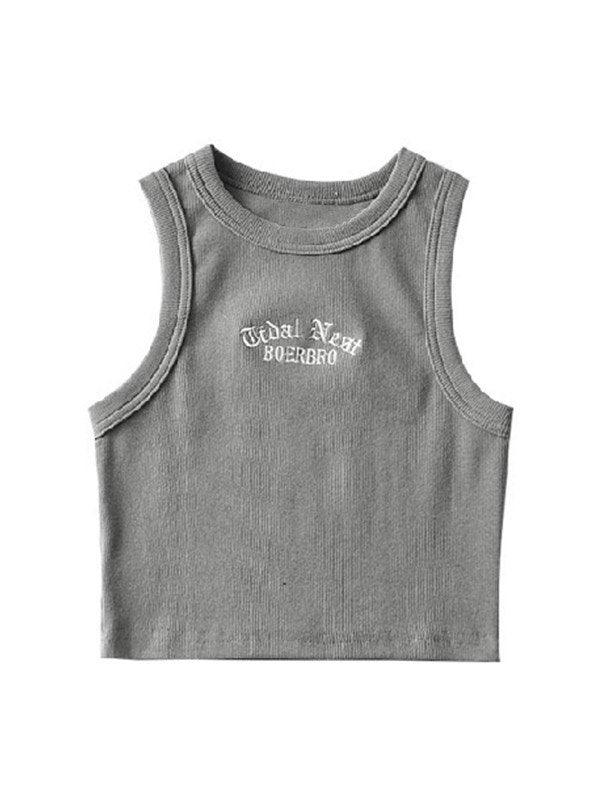 Letter Embroidery Ribbed Cropped Tank Top