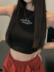 Letter Embroidery Ribbed Cropped Tank Top