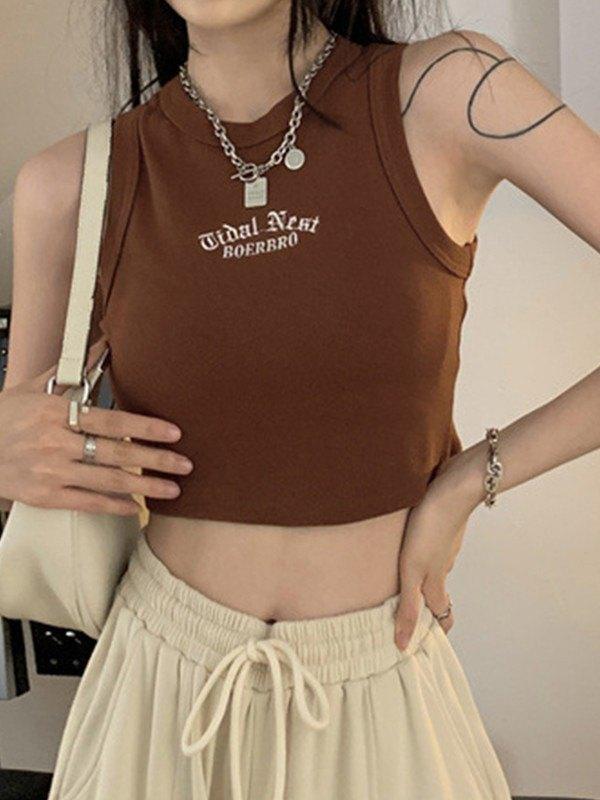 Letter Embroidery Ribbed Cropped Tank Top
