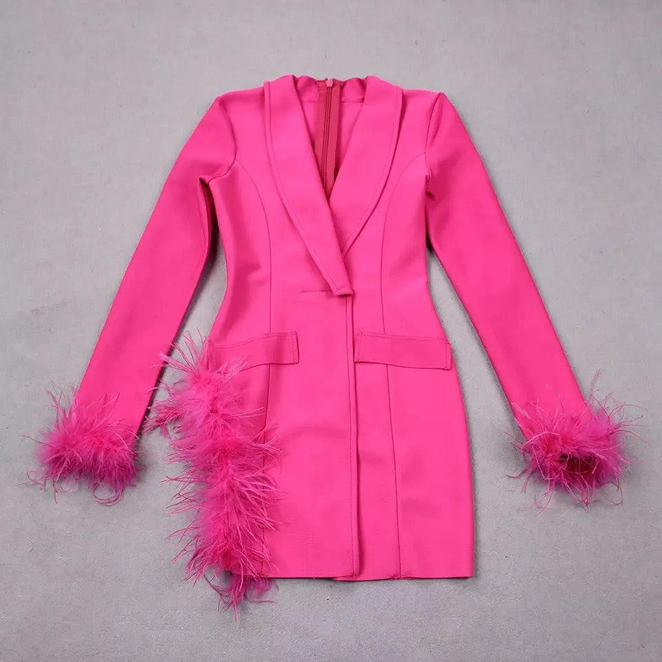 Lorraine Deep V-Neck Feather Embellished Blazer Mini Dress