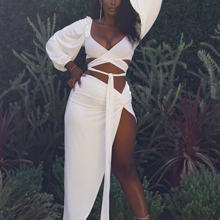 Meghan Puff Sleeve Wrap Top & Asymmetric Hem Skirt Set