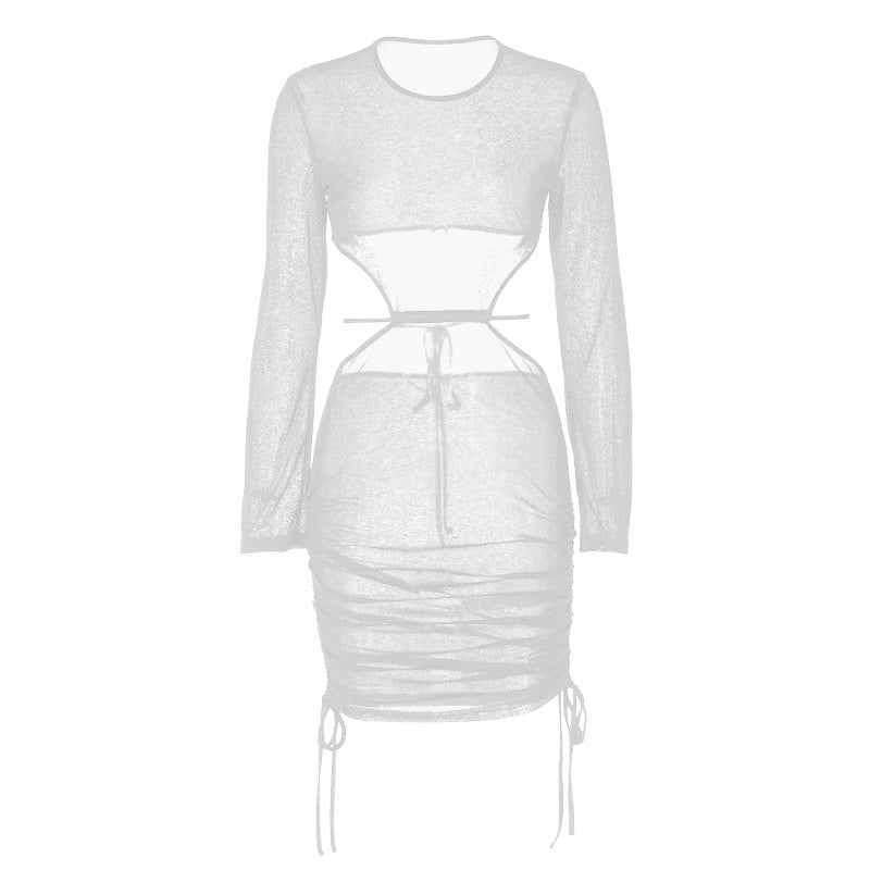 See through long sleeve ruched open back drawstring dress