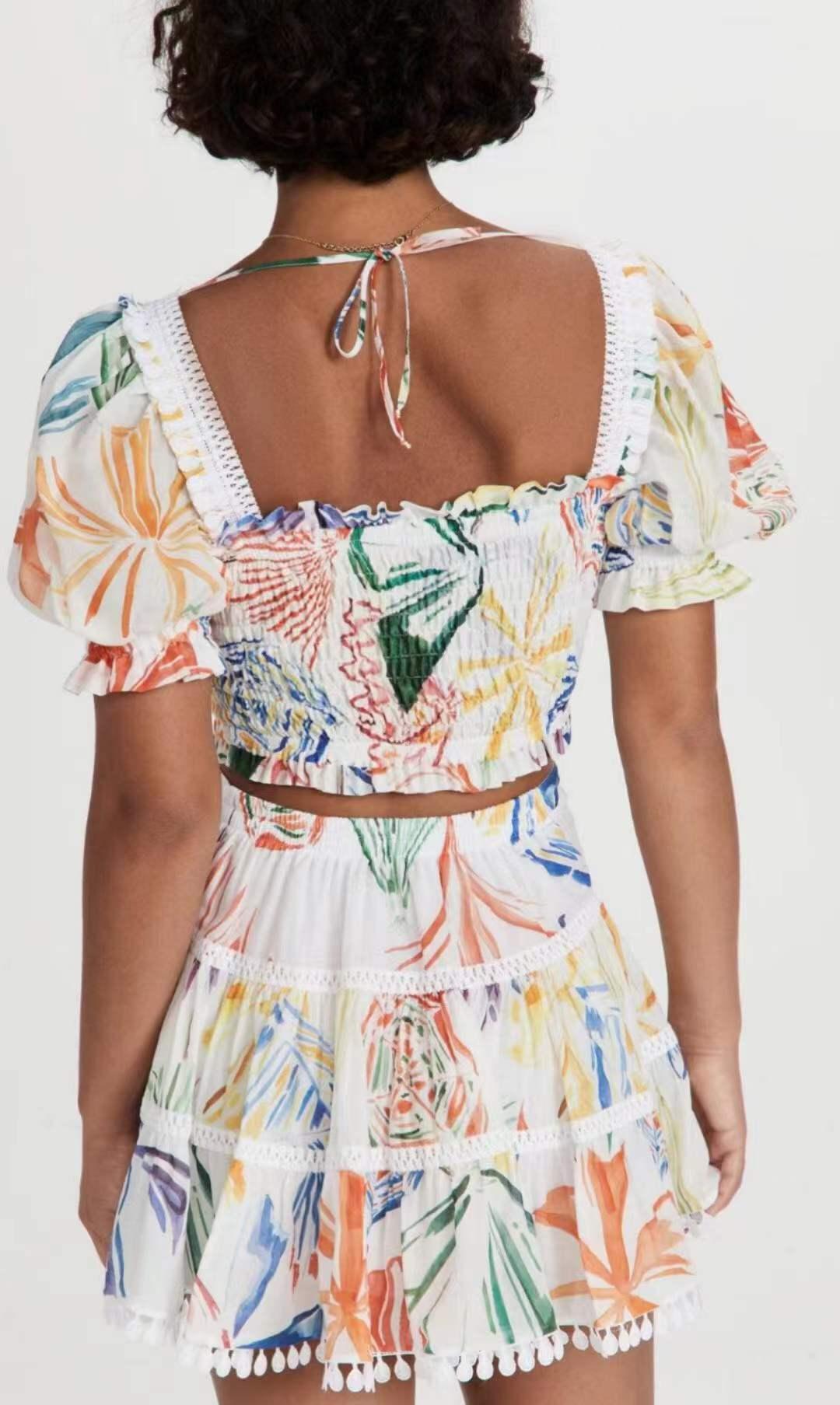 Mila Allover Print Puff Sleeve Crop Top & Pleated Skirt Set