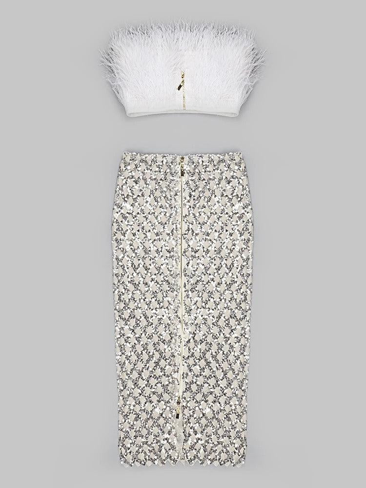 Minerva Strapless Feather Cropped Top & Mesh Long Skirt Set