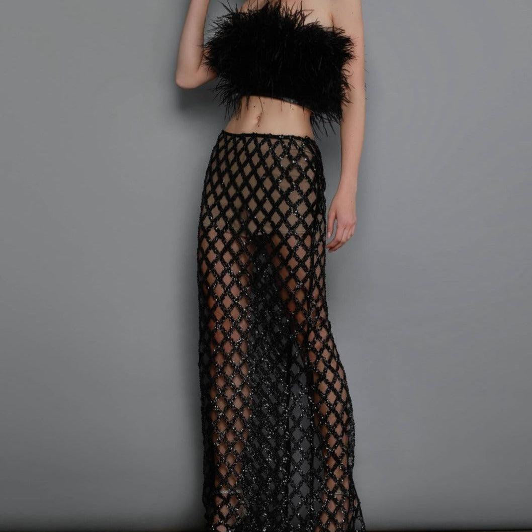 Minerva Strapless Feather Cropped Top & Mesh Long Skirt Set