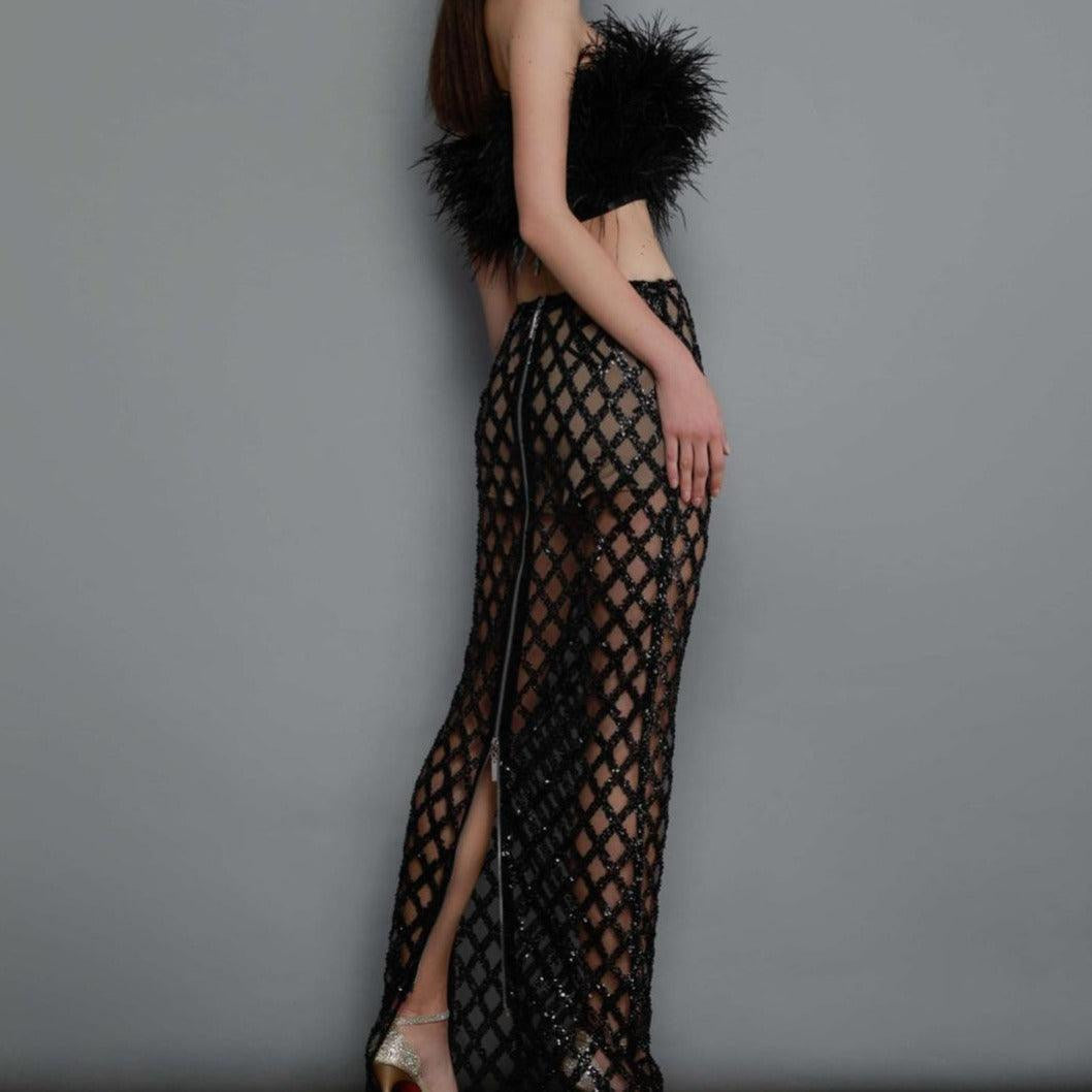 Minerva Strapless Feather Cropped Top & Mesh Long Skirt Set