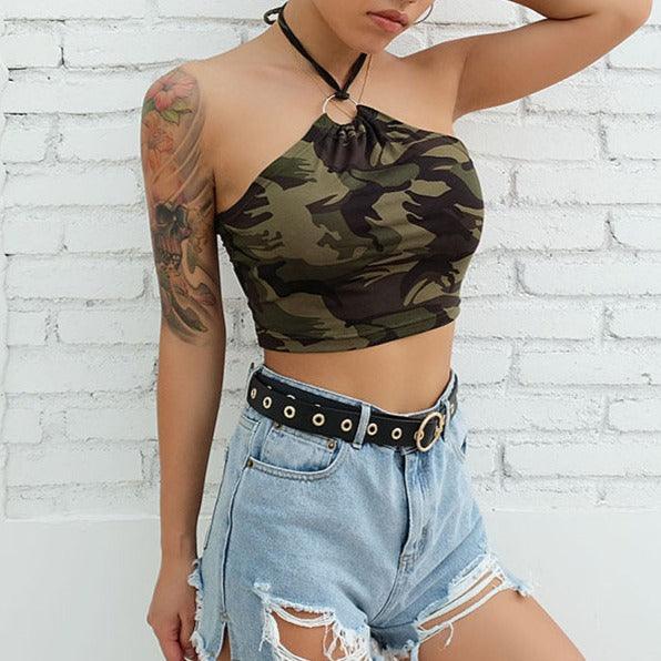 Nia Halter Neck Camo Crop Top