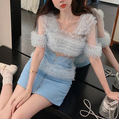 Patsy Solid Pleated Mesh Top