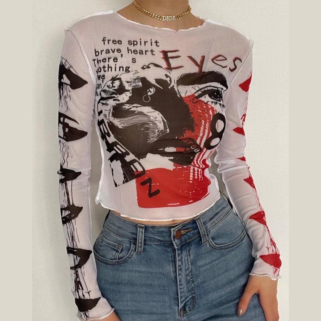 Mesh see through crewneck print ruffled crop top