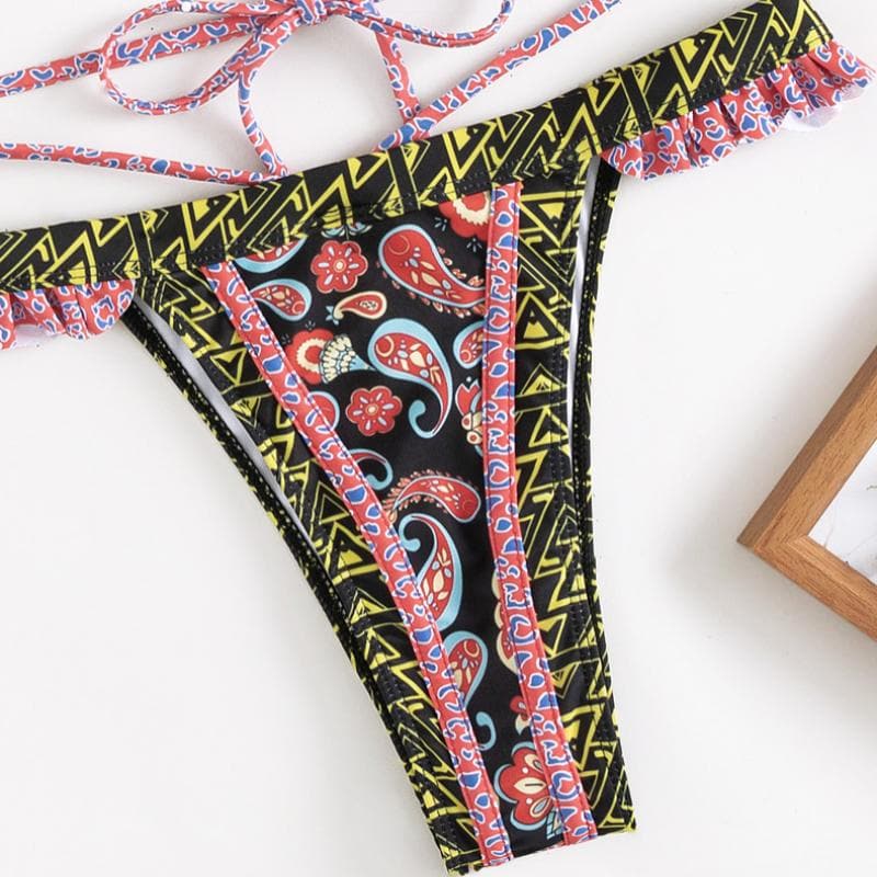 Contrast ruched halter self tie backless print bikini swimwear