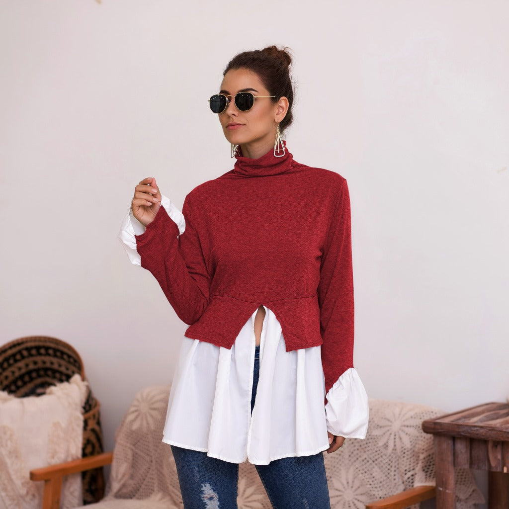 Women's High Neck Irregular Stitching Ruffle Shirt