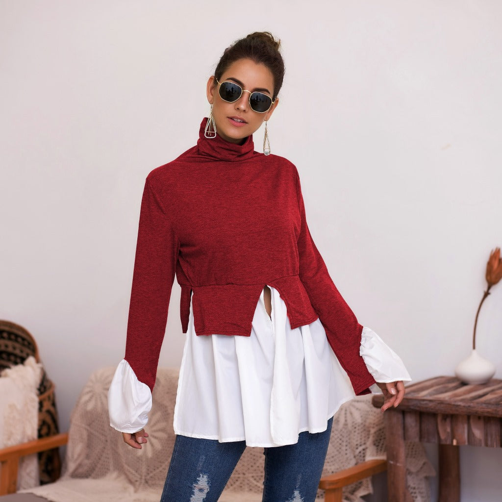 Women's High Neck Irregular Stitching Ruffle Shirt