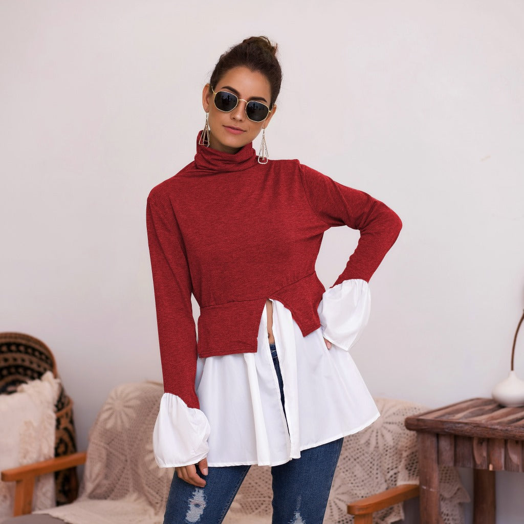 Women's High Neck Irregular Stitching Ruffle Shirt