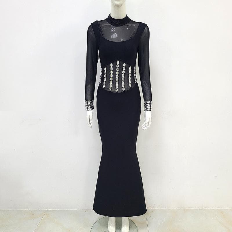 Tammy Mock Neck Embellished Mesh Maxi Dress