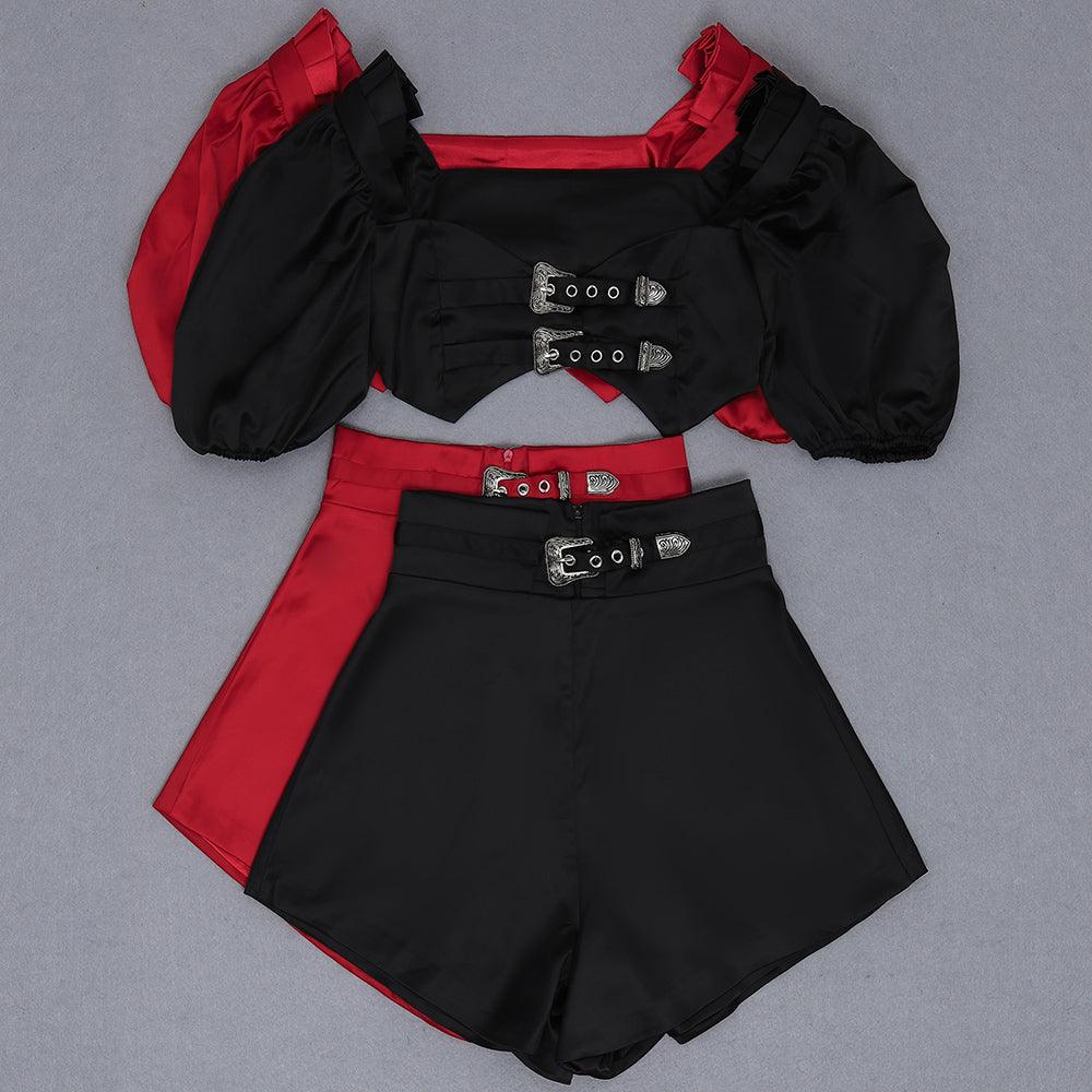 Tyne Puff Sleeve Belted Crop Top & Mini Skirt Set