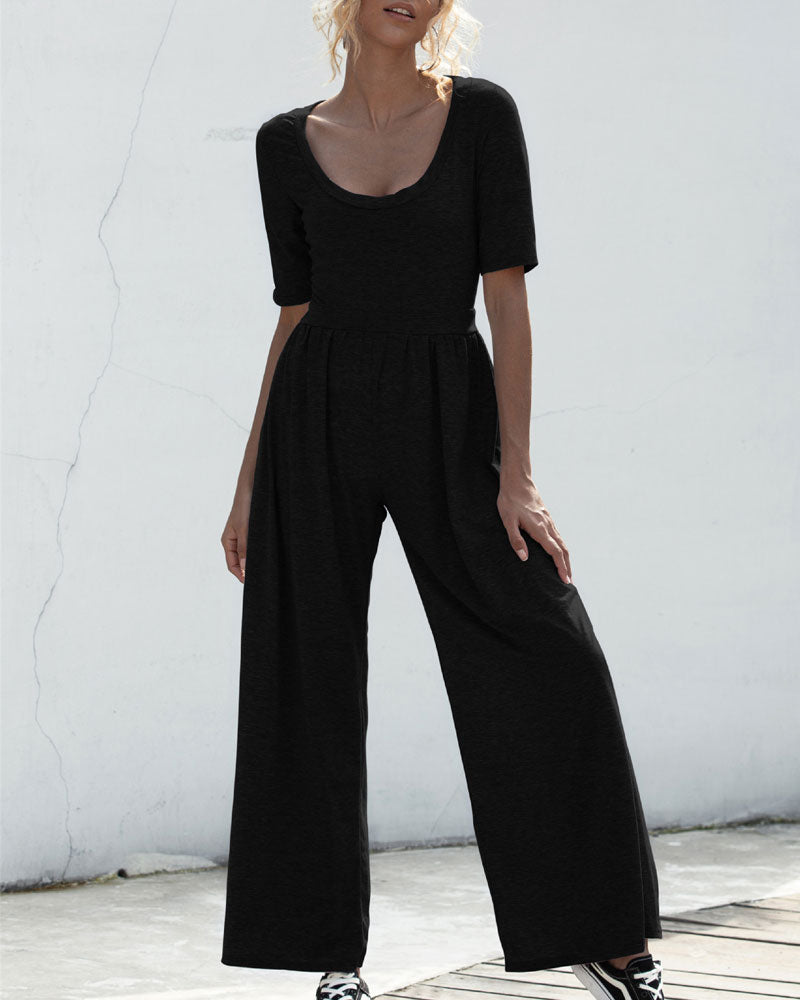 U-neck Short-sleeved Loungewear Wide-legged Jumpsuits