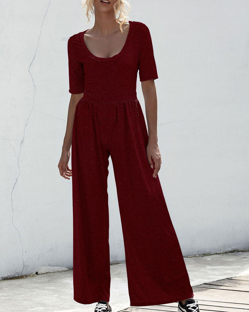 U-neck Short-sleeved Loungewear Wide-legged Jumpsuits