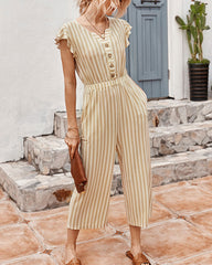 Striped Cropped Pants Jumpsuit Single-breasted Lotus Sleeve Romper