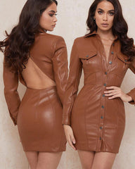 Vintage Lapel Backless Single-breasted Leather Mini Dresses