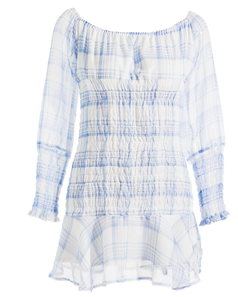 Strapless Off Shoulder Ruffle Frilly Grid Chiffon Mini Dress