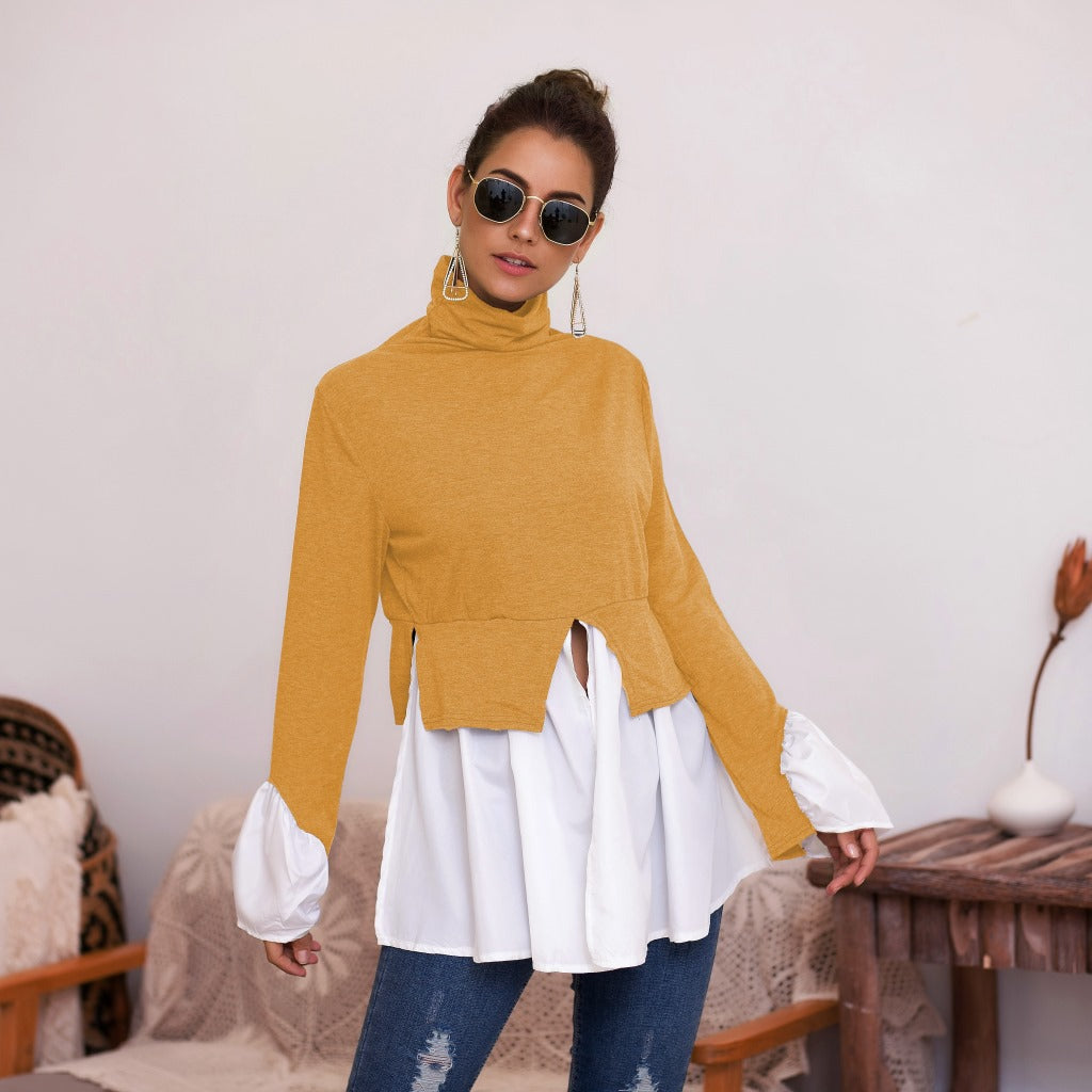 Women's High Neck Irregular Stitching Ruffle Shirt