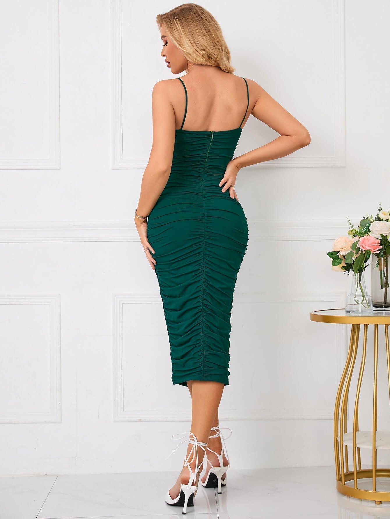 Zip Back Ruched Bodycon Midi Dress