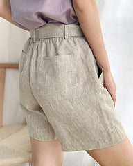 Belted Straight-leg High-waisted Cotton and Linen Casual Pants