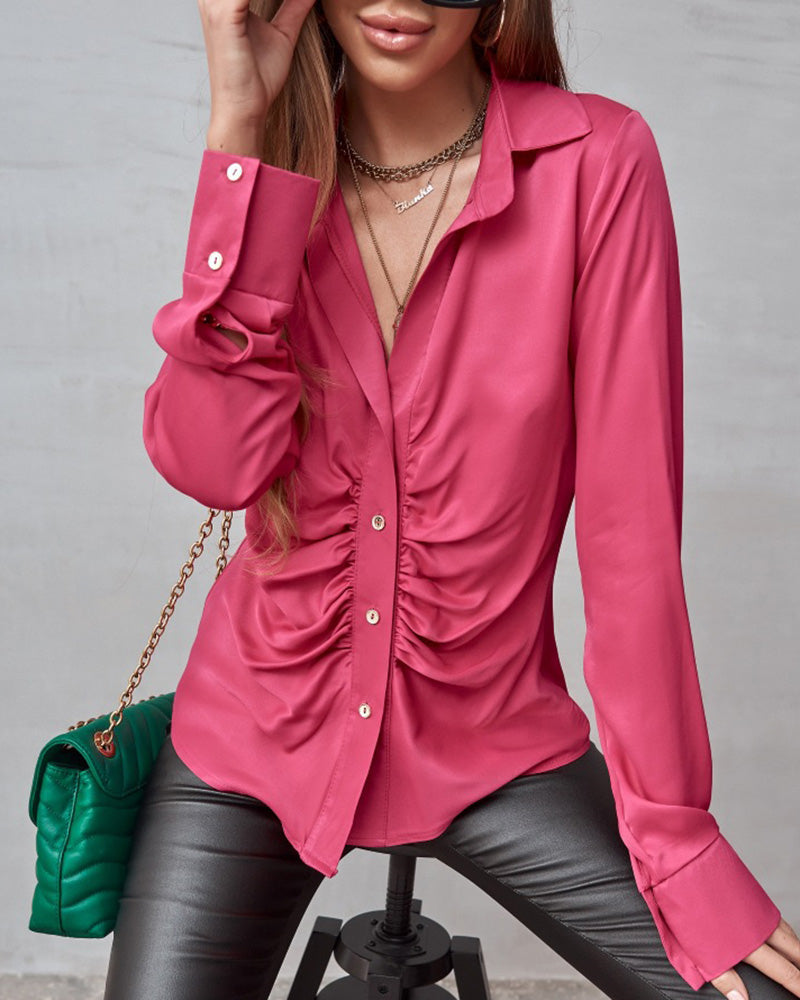 Solid Color Long Sleeve Blouse Pleated Elegant Cardigan Shirt