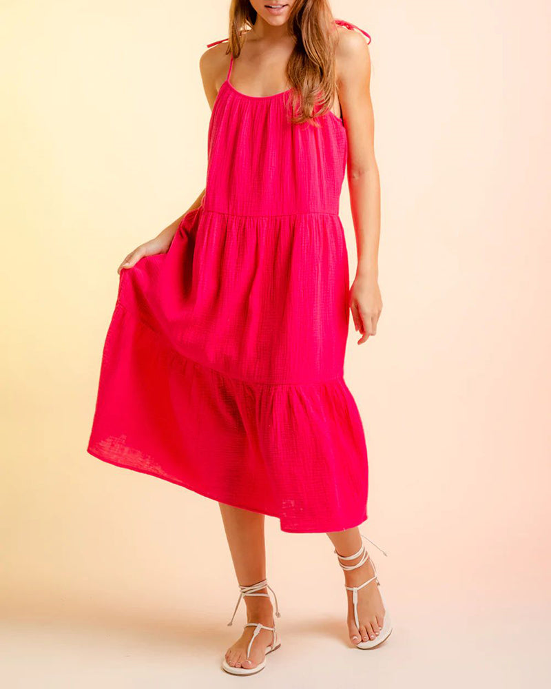 Lace-up Sling Dress Candy Color Stitching Solid Color Midi Dress