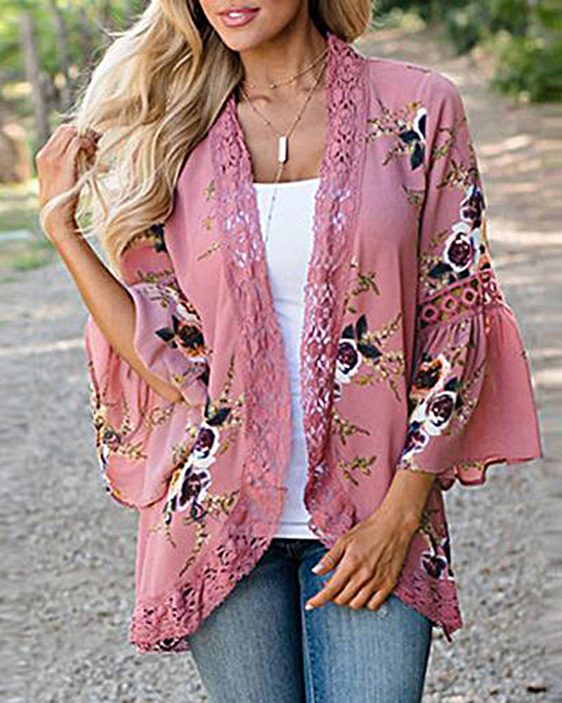 Flare Sleeve Floral Print Lace Blouse Cardigan