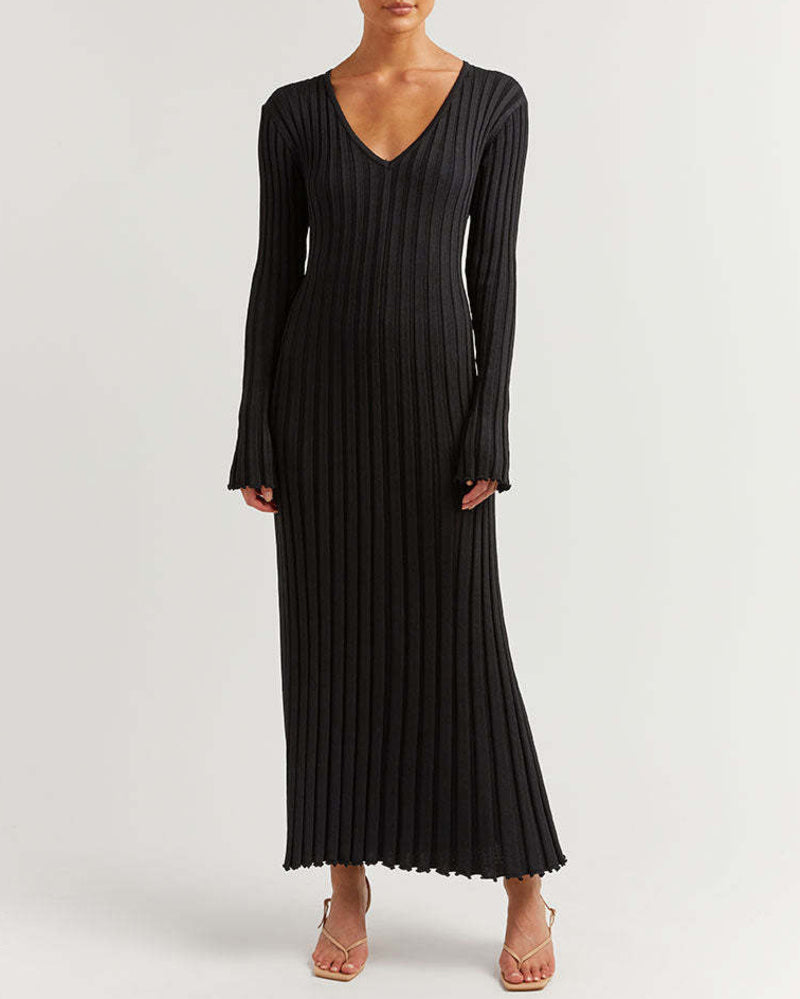 Long Sleeve Dress V-Neck Knit Maxi Dress Ribbed Elegant Long High Waist Pleated Dresses