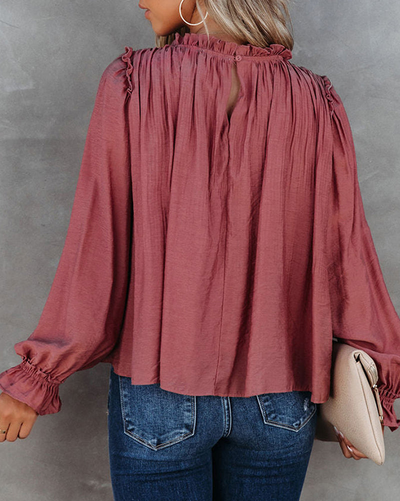 Ruffle Long Sleeve T-Shirt Crewneck Top