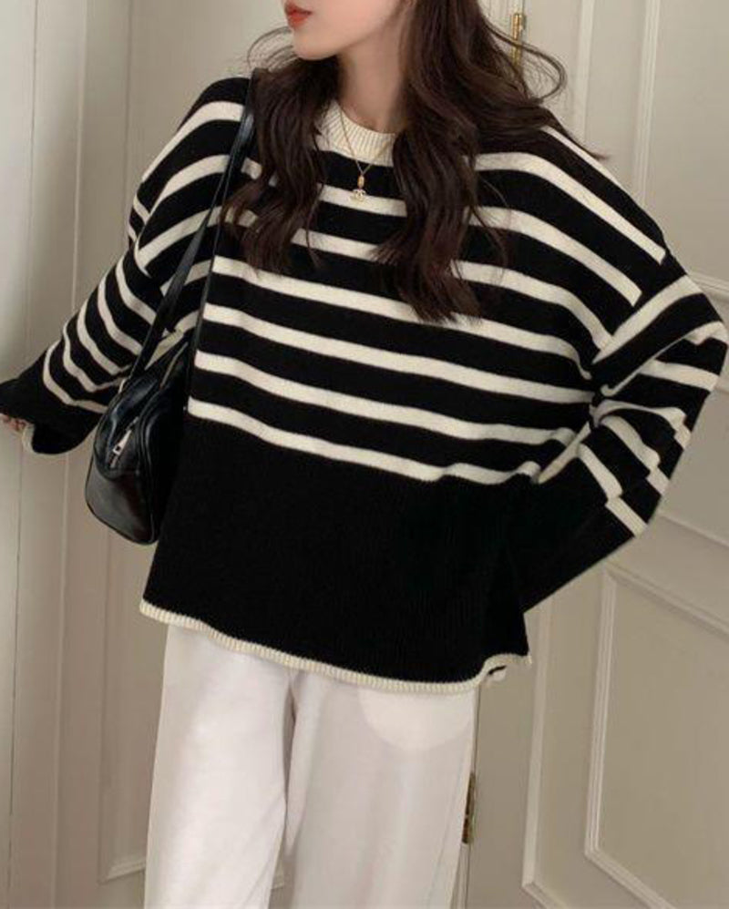 Round Neck Striped Sweater Top Loose Side Slit Pullover Sweater