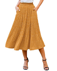Women's Midi Skirts Elastic High Waist Skirt Polka Dot Casual Pleated Skirt with Pockets - Zeagoo (Us Only)