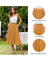 Women's Midi Skirts Elastic High Waist Skirt Polka Dot Casual Pleated Skirt with Pockets - Zeagoo (Us Only)