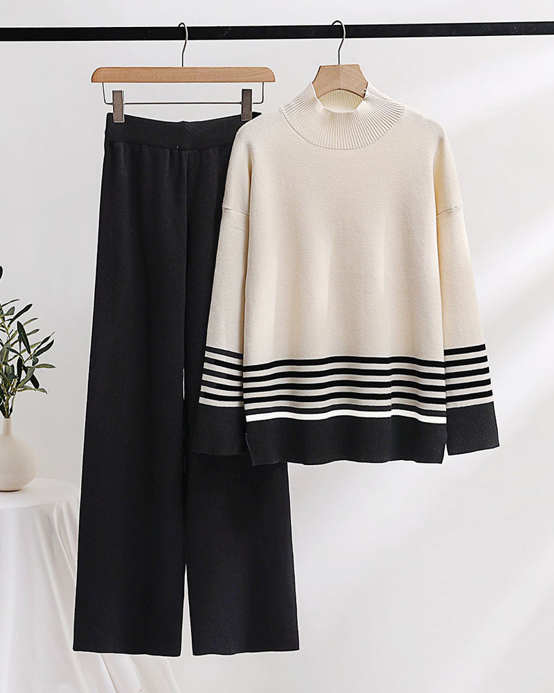 Casual Loose Knitted Two-piece Set Wide-leg Pants Contrast Color Sweater Suit