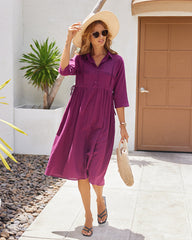 Casual Lapel Neck Button Long Sleeve Drawstring Cotton Linen Shirt Dress