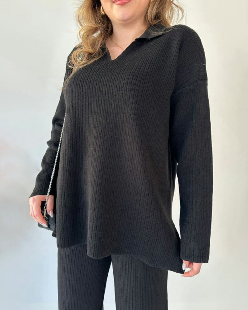 Solid Color Loose Hem Slit Two-piece Sweater Set