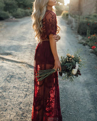 Floral Lace Maxi Dress V Neck Short Sleeve Boho Wedding Bridesmaid Evening Party Beach Slit Flowy Long Dresses