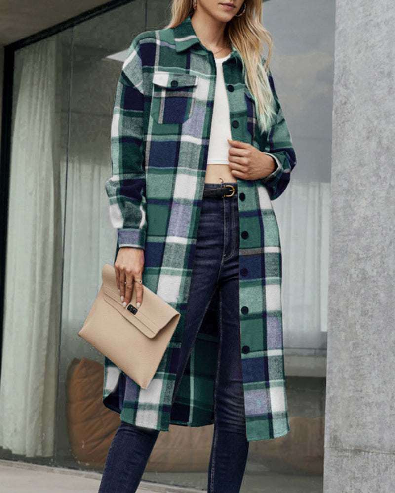 Button Down Plaid Classic Long Shirt Jacket