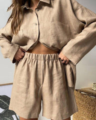 Two Piece Outfits Lapel Collar Long Sleeve Button Down Shirt Tops Shorts Set